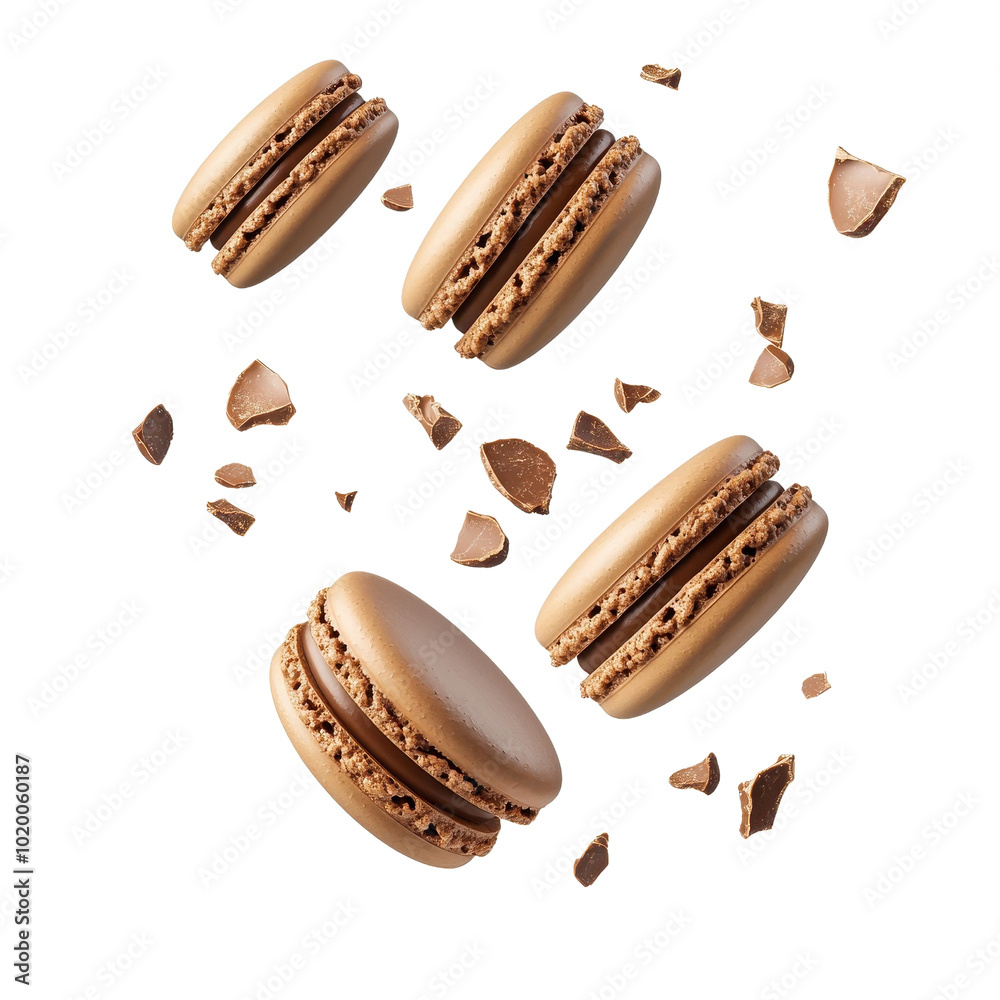 Fototapeta premium Flying chocolate macarons, isolated against a white background, dynamic and playful. cutout png