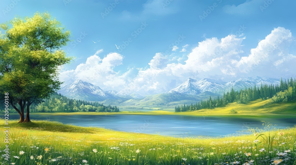 Obraz premium Tranquil lake, green meadow, snow-capped mountains.