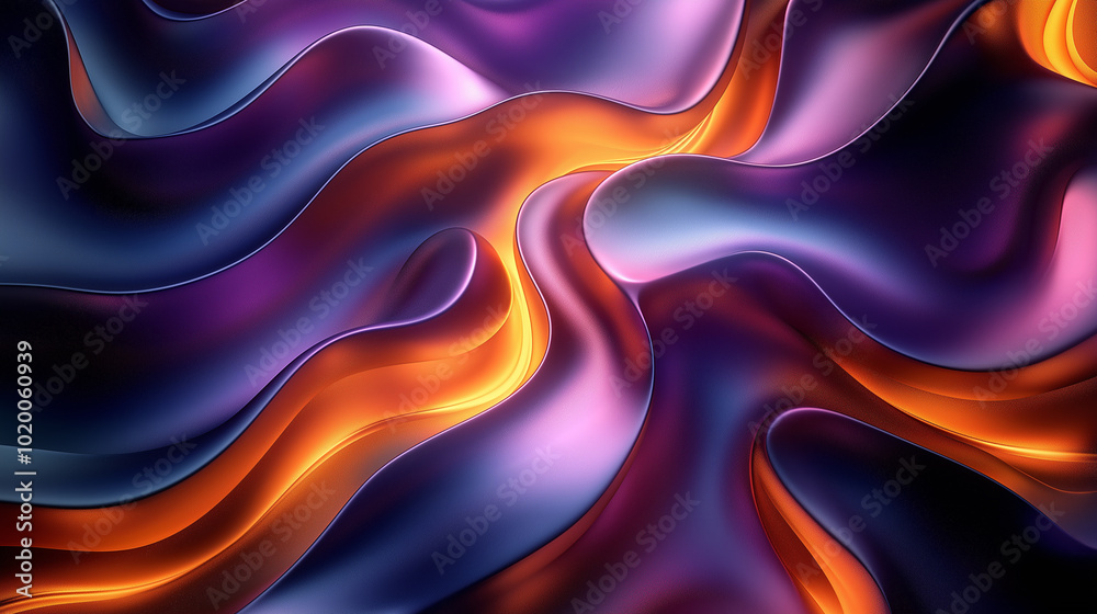 Fototapeta premium Wavy Golden and Purple Metallic 3D Background,abstract flowing shapes with smooth, curved lines, metallic and iridescent surfaces, soft gradients of purple and copper