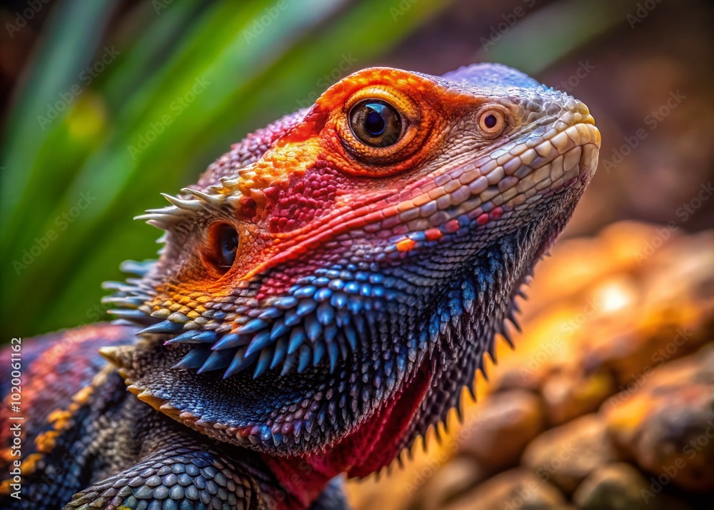 Fototapeta premium Vibrant Black and Red Bearded Dragon Displaying Unique Coloration on Naturalistic Background