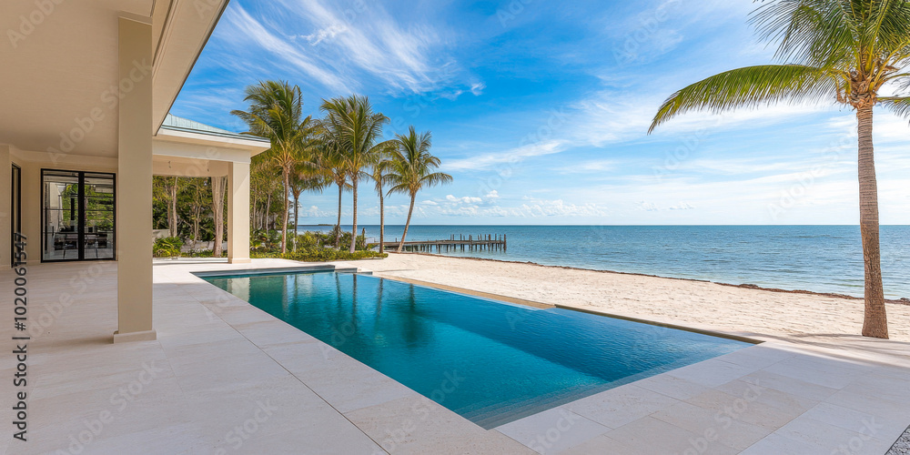 Fototapeta premium Luxurious beachfront property with infinity pool and palm trees on a sunny day
