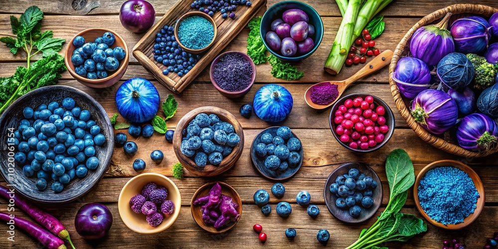 Vibrant Blue and Purple Foods Displayed on a Rustic Wooden Table for Culinary Inspiration and Health Vibrant Blue and Purple Foods Displayed on a Rustic Wooden Table for Culinary Inspiration and Health
