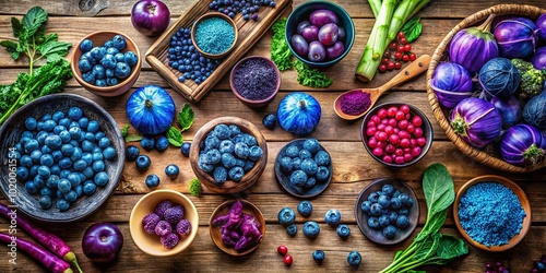 Vibrant Blue and Purple Foods Displayed on a Rustic Wooden Table for Culinary Inspiration and Health