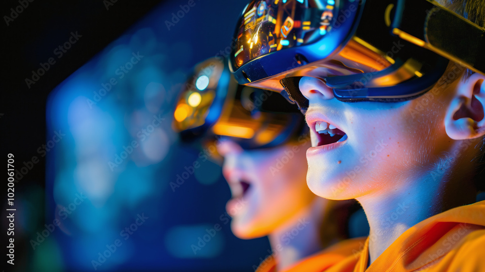boy's amazed expression while using VR, reflection of virtual world visible in lenses boy's amazed expression while using VR, reflection of virtual world visible in lenses