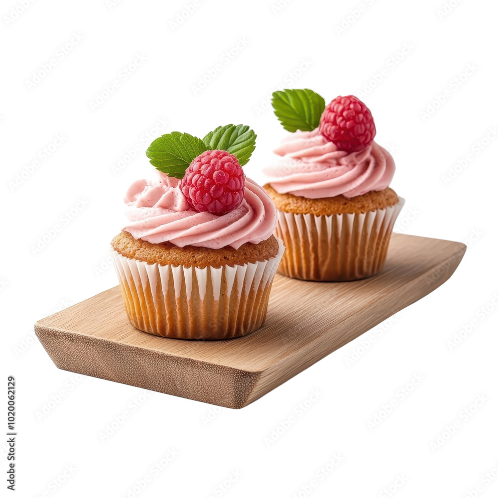 Raspberry cupcakes on a wooden tray, isolated on a white background, rustic and charming. cutout png Raspberry cupcakes on a wooden tray, isolated on a white background, rustic and charming. cutout png