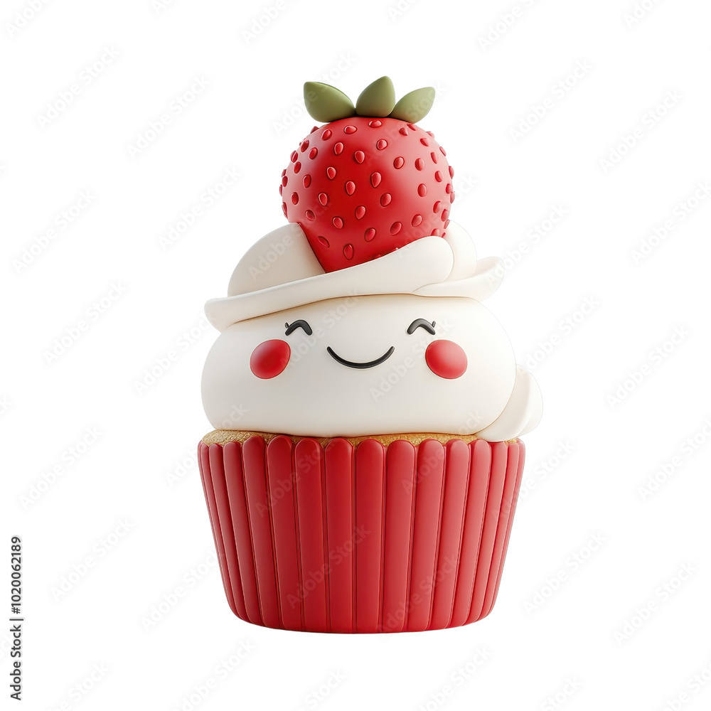 3D cartoon character-style strawberry cupcakes, isolated on a white background, whimsical and fun. cutout png 3D cartoon character-style strawberry cupcakes, isolated on a white background, whimsical and fun. cutout png