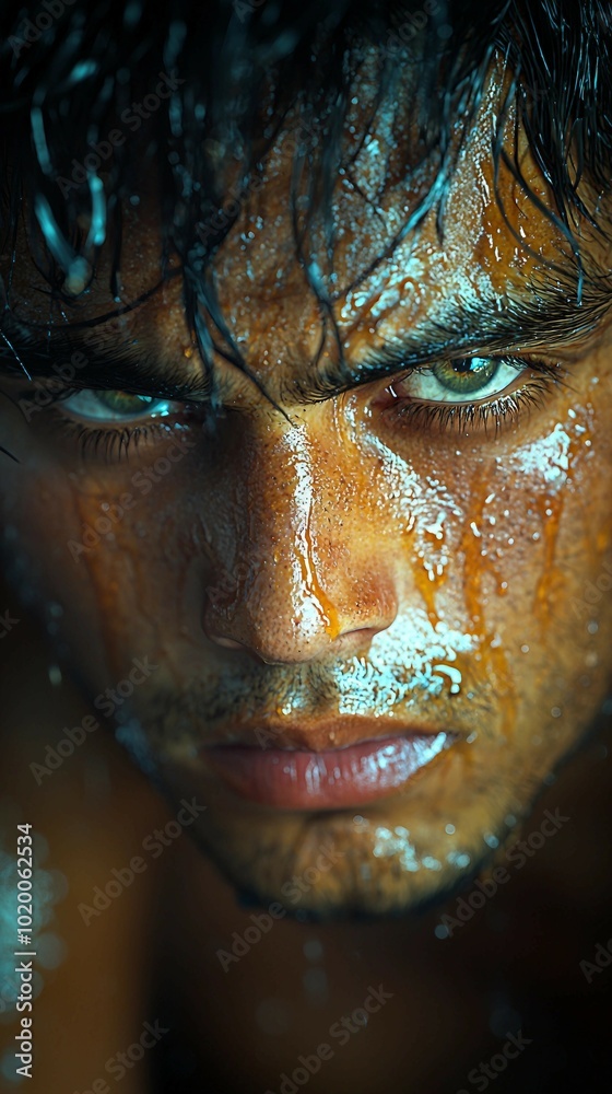 Close-up Portrait of a Wet Man with Intense Gaze Close-up Portrait of a Wet Man with Intense Gaze
