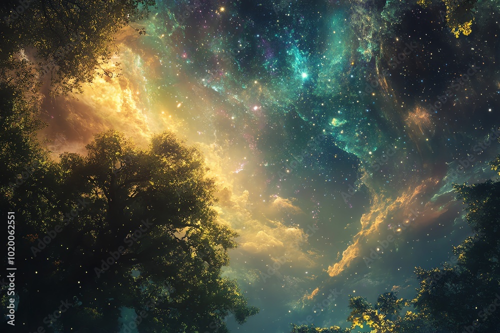 A cosmic scene where galaxies are intertwined with a sprawling forest, blending nature with the universe A cosmic scene where galaxies are intertwined with a sprawling forest, blending nature with the universe