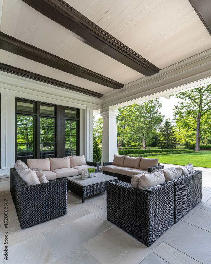 Fototapeta premium Cozy outdoor seating arrangement on a spacious patio surrounded by lush greenery at midday