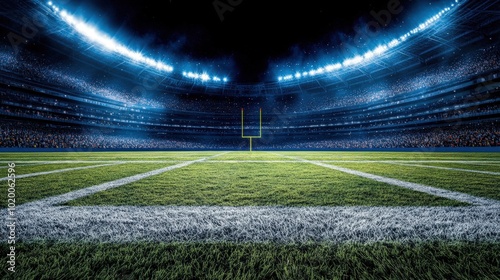 Empty football field with goalposts and bleachers.