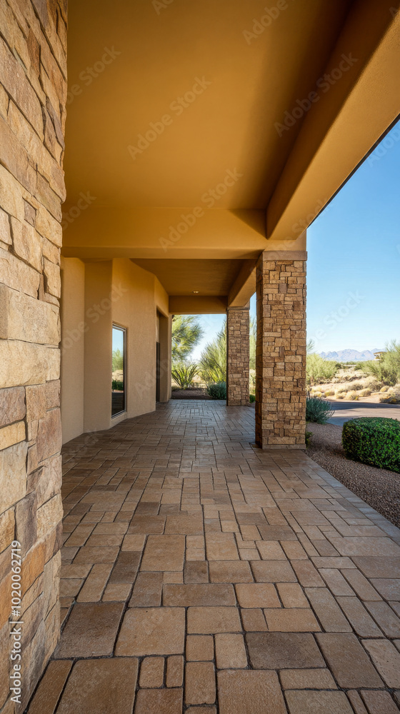 Obraz premium Spacious pathway through a modern home in a desert landscape with mountain views