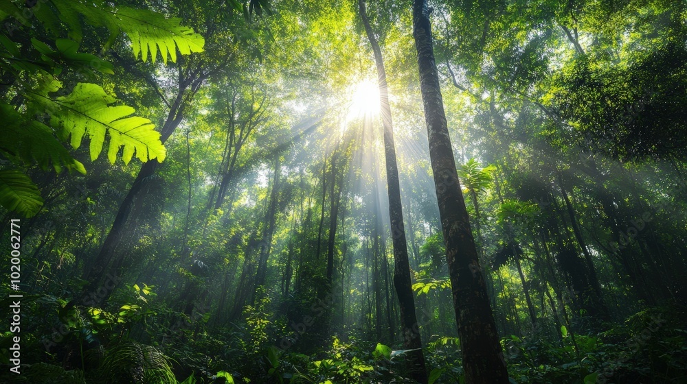 Fototapeta premium Sun rays through a dense forest.