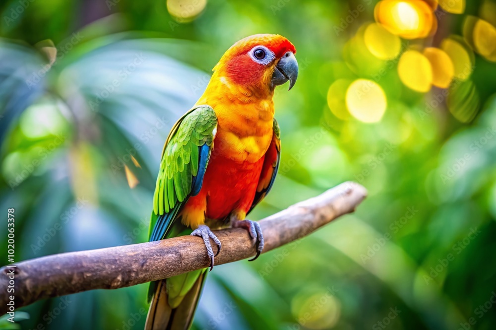 Obraz premium Vibrant Colorful Conure Perched on a Branch with Lush Greenery in a Bright Natural Environment