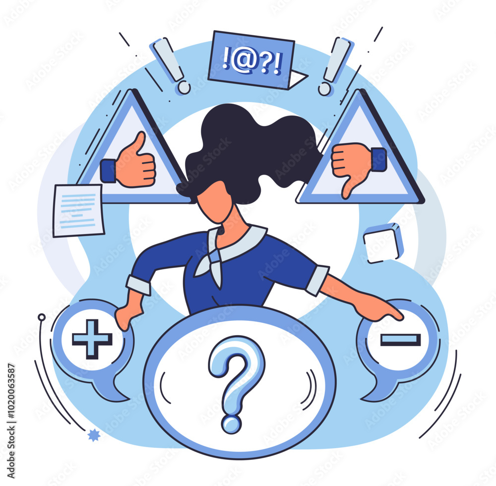 Critical thinking. A person assessing various choices with symbols like ...