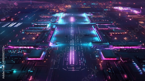 Futuristic aerial view of an illuminated airport at night.