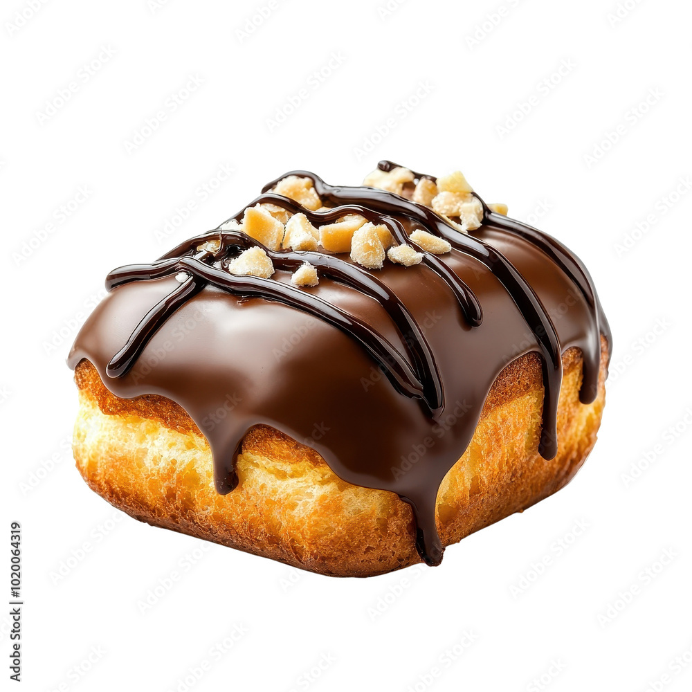 Oozing chocolate sauce on isolated brioche, white background, creating a rich and appetizing appearance. cutout png Oozing chocolate sauce on isolated brioche, white background, creating a rich and appetizing appearance. cutout png