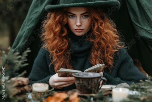 A young woman with red curly hair reading tarot cards outside, wearing a green hat and sweater, surrounded by natural elements, creating a mysterious and earthy atmosphere in a woodland setting photo