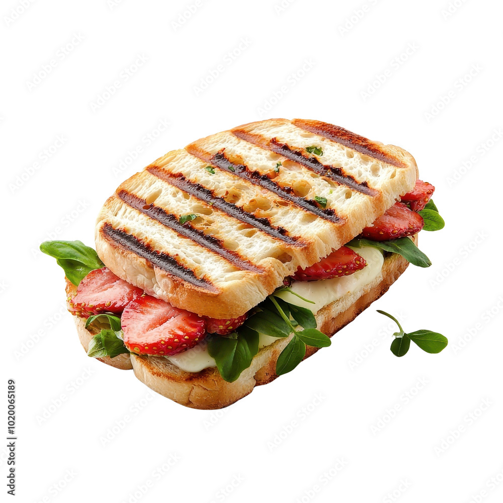 Panini with strawberry isolated on a white background, highlighting its vibrant filling and crispy texture. cutout png Panini with strawberry isolated on a white background, highlighting its vibrant filling and crispy texture. cutout png