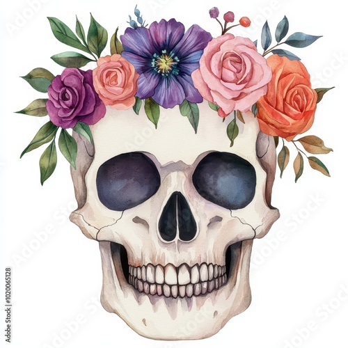 A boho-style Halloween skull adorned with a vibrant floral crown