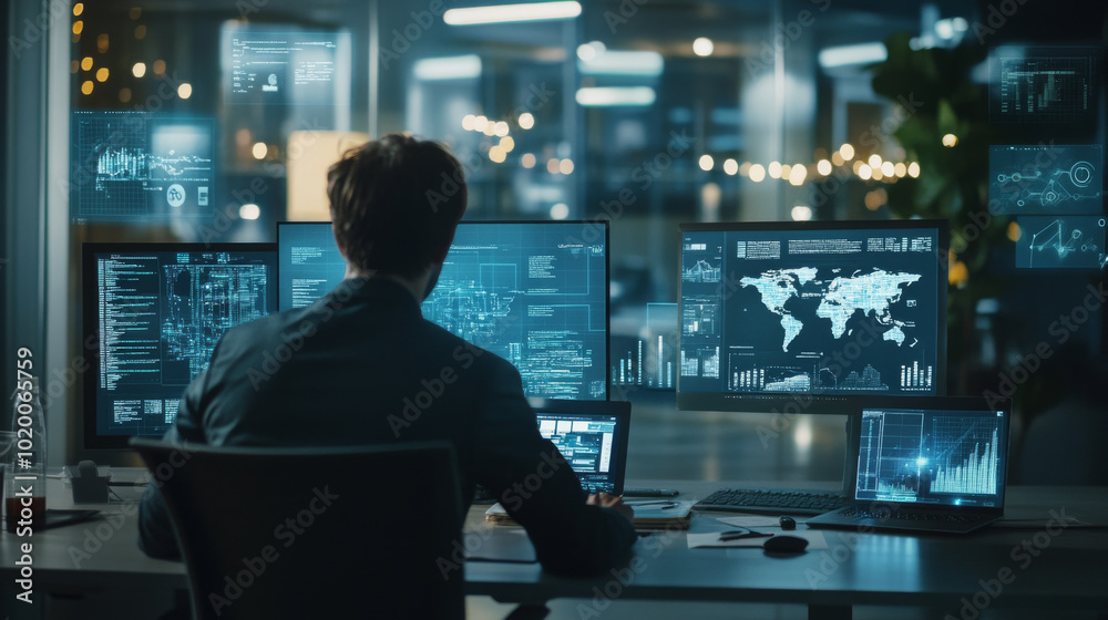 Entrepreneur in a contemporary office setting, using multiple smart devices and cloud-based technology to manage projects Entrepreneur in a contemporary office setting, using multiple smart devices and cloud-based technology to manage projects