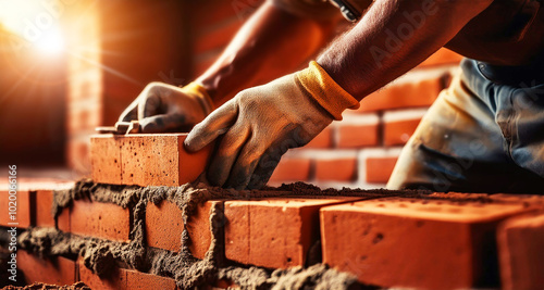 Close-up of the gloved hands of a bricklayer laying a clay brick over fresh mortar or cement on brick wall under construction. Worker building masonry house wall with bricks, concept. Generative Ai photo