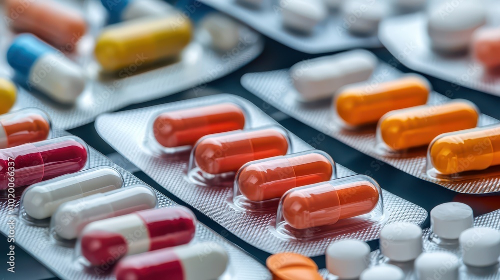 A vibrant mix of medicine pills and capsules displayed in a blister pack, showcasing an array of colors and shapes A vibrant mix of medicine pills and capsules displayed in a blister pack, showcasing an array of colors and shapes