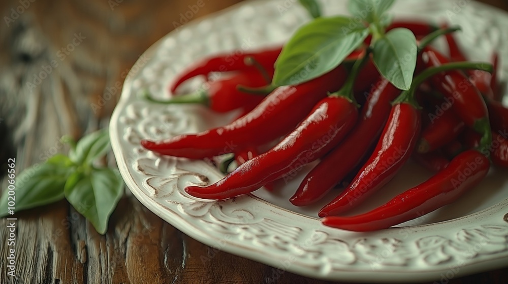 A close-up of vibrant red chili peppers arranged on a decorative white plate, accompanied by fresh green basil leaves, creating a rustic and spicy food composition A close-up of vibrant red chili peppers arranged on a decorative white plate, accompanied by fresh green basil leaves, creating a rustic and spicy food composition
