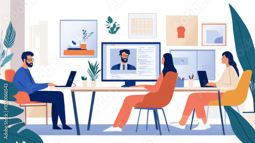 Professionals working remotely in coworking space, engaging in video calls and discussions, comfortable and tech-friendly setting,