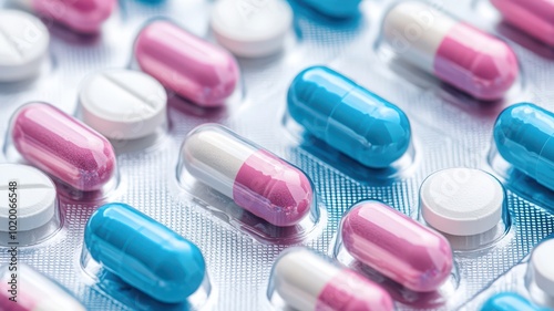 A vibrant mix of medicine pills and capsules displayed in a blister pack, showcasing an array of colors and shapes