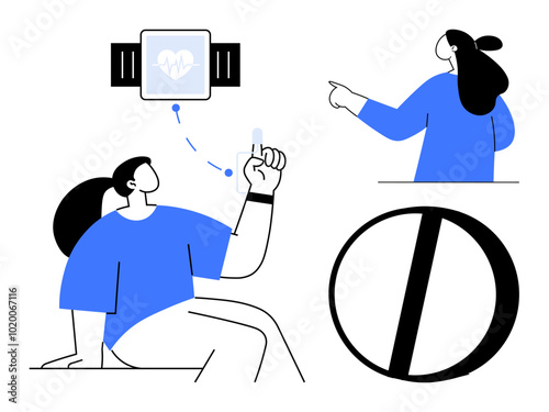 Young person works out with a smartwatch, receiving health updates. A figure points in guidance and a crossed circle indicates a prohibition. Ideal for fitness, health, technology, guidance