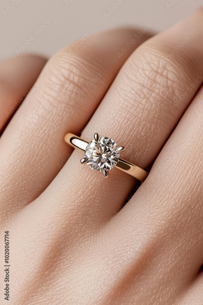 Close-up of engagement ring on hand, romantic backdrop, 3D illustration