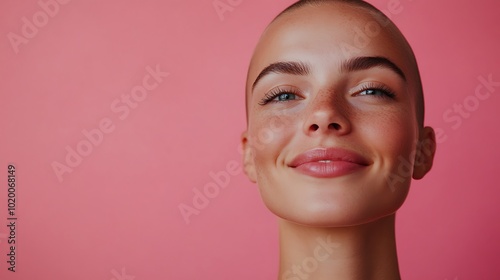 Close-up portrait of a smiling woman with short hair against a pink background.