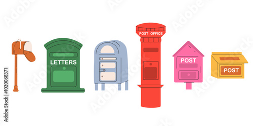 Flat vector illustration with mailboxes.Mailboxes, Postal letterboxes set. Different postboxes, envelope with mail, postcard.Isolated design elements. Delivery, message, communication concept.