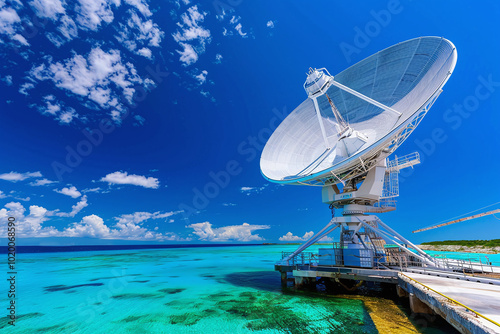 massive satellite dish perched on platform in crystal-clear turquoise waters, cloudless blue sky above