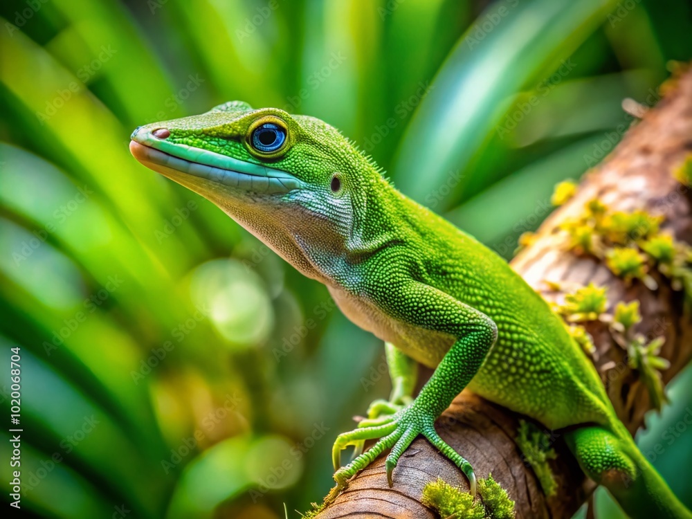 Vibrant Green Anole Lizard Perched on Branch in Lush Tropical Environment with Natural Habitat Vibrant Green Anole Lizard Perched on Branch in Lush Tropical Environment with Natural Habitat