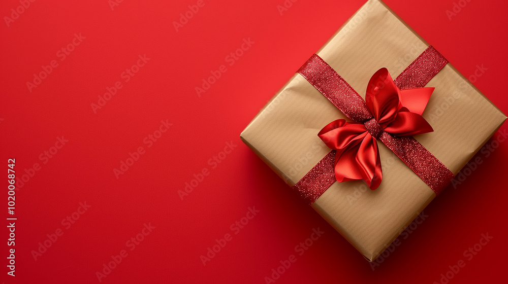Luxury single gift box wrapped in gold paper with red ribbon bow isolated on a red background with copy space, present for Christmas or Valentine's Day. Luxury single gift box wrapped in gold paper with red ribbon bow isolated on a red background with copy space, present for Christmas or Valentine's Day.