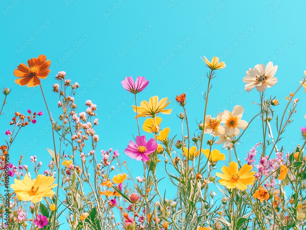 A field of wildflowers, each bloom in a different neon color, set against a clear blue sky for a powerful contrast A field of wildflowers, each bloom in a different neon color, set against a clear blue sky for a powerful contrast