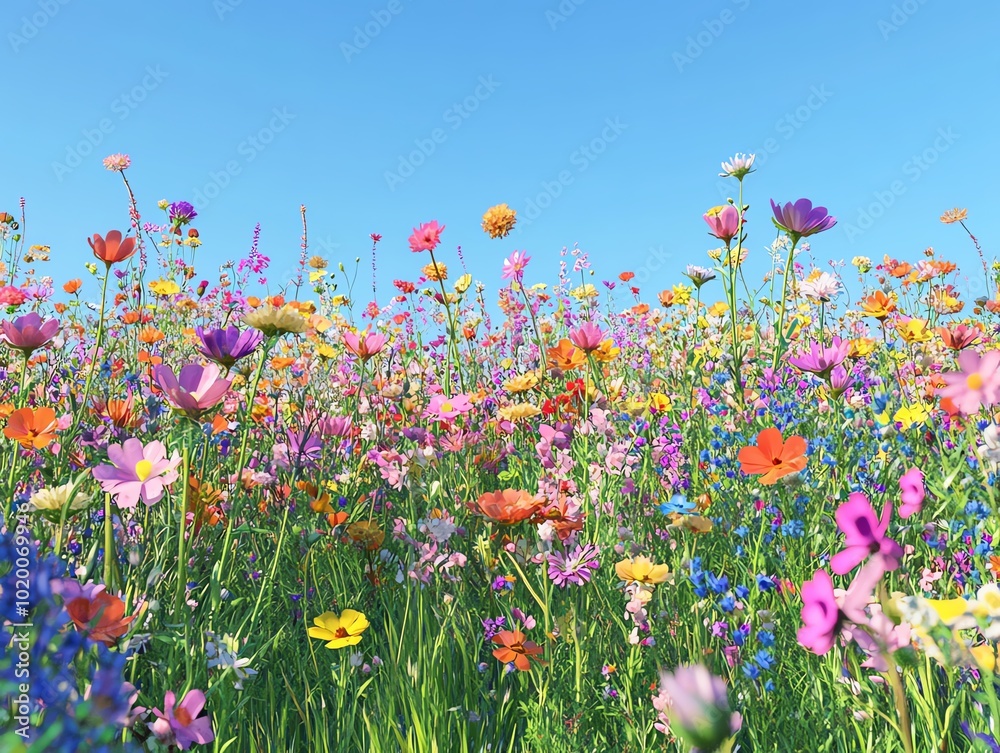 A field of wildflowers, each bloom in a different neon color, set against a clear blue sky for a powerful contrast