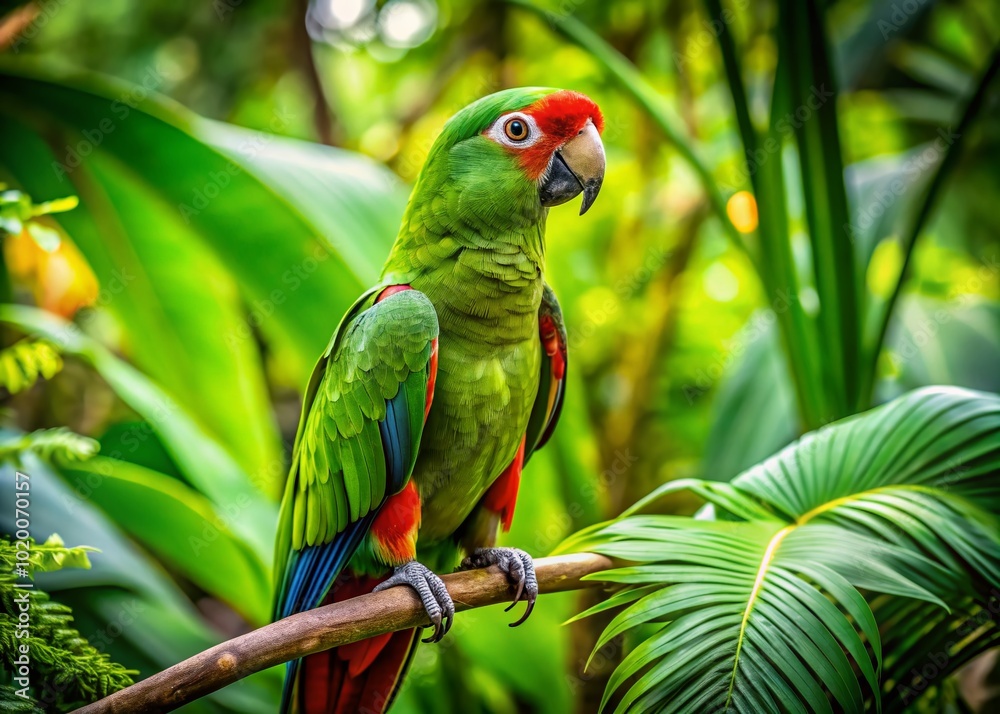 Obraz premium Vibrant Green Parrot Perched on a Branch Surrounded by Lush Foliage in a Tropical Environment