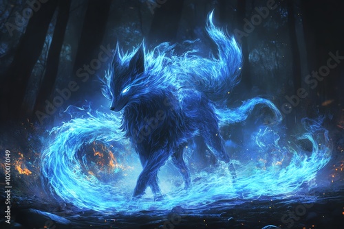 A fierce Japanese Kitsune with nine tails, standing in a mystical forest, surrounded by blue flames photo