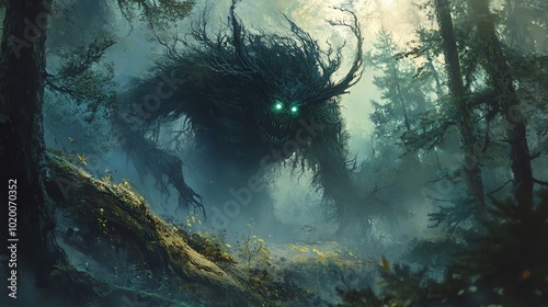 A Finnish Hiisi, a forest demon, lurking in the shadows of an ancient woodland photo