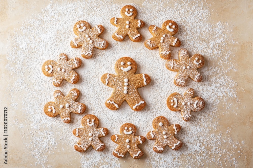 Decorative overhead shot of gingerbread cookies arranged in a circle on powdered sugar Decorative overhead shot of gingerbread cookies arranged in a circle on powdered sugar