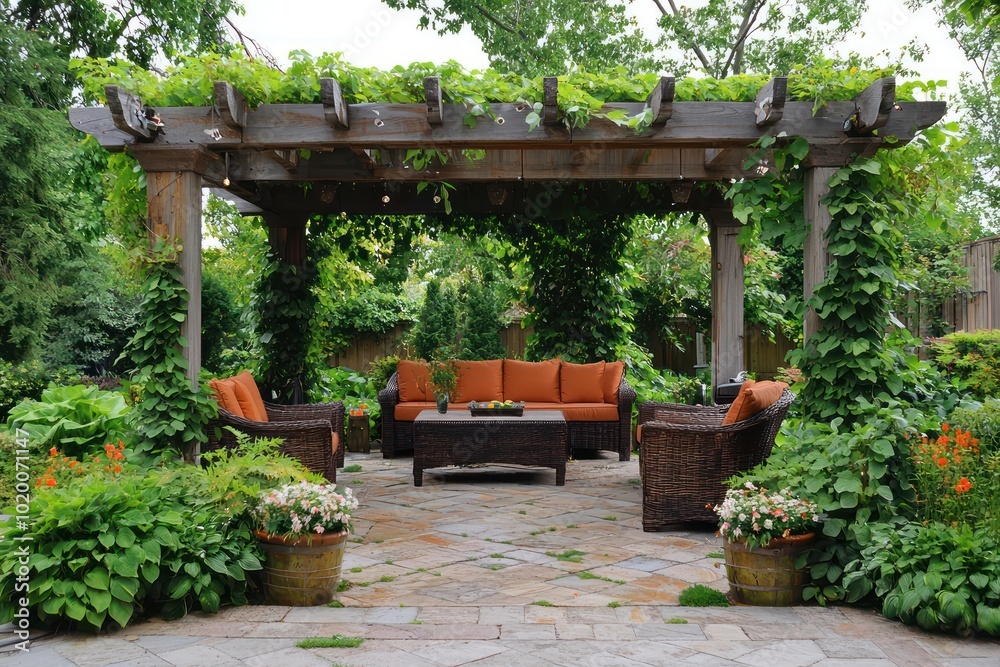 Backyard retreat with a wooden pergola and luxurious seating arrangements. Backyard retreat with a wooden pergola and luxurious seating arrangements.