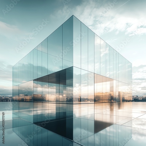 A futuristic building made entirely of translucent glass, reflecting the sky and city around it