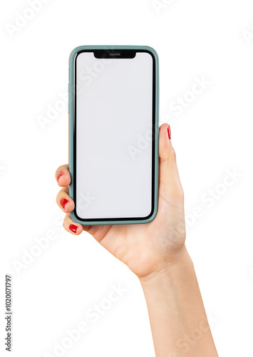 woman hand holding smartphone with mockup of blank screen, isolated on white background.