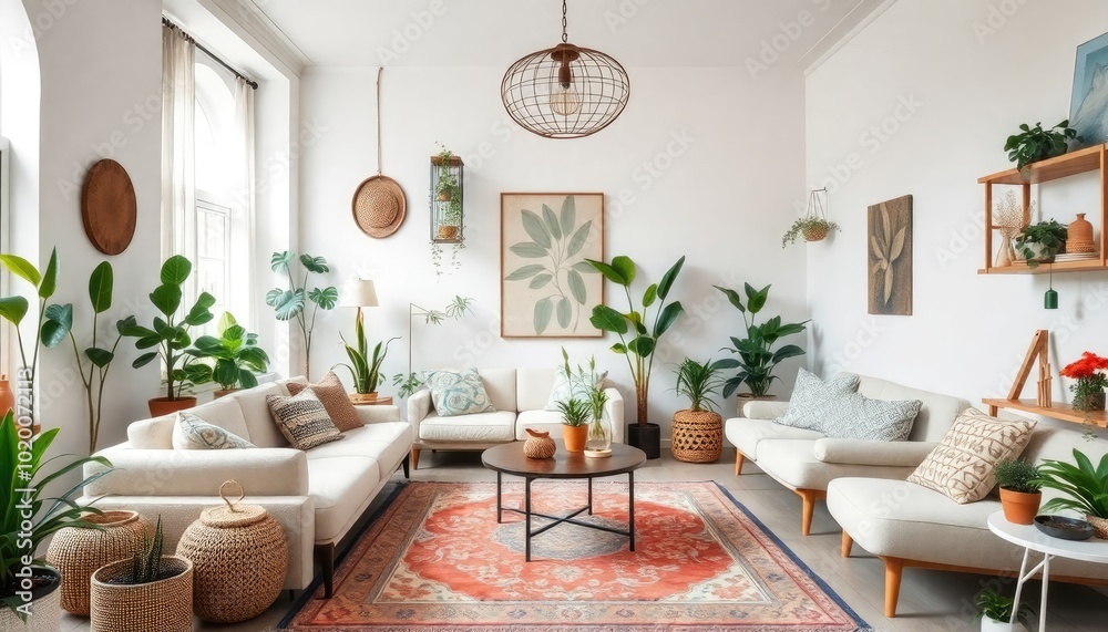 Bohemian living room with a unique blend of modern and vintage decor, featuring soft white walls, a vintage rug, and an array of indoor plants that add life to the space. Bohemian living room with a unique blend of modern and vintage decor, featuring soft white walls, a vintage rug, and an array of indoor plants that add life to the space.