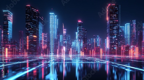 A futuristic cityscape combining 2D and 3D elements, with holographic buildings rising from a flat, minimalistic base