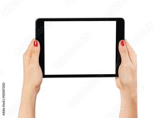 Hand holding digital tablet isolated on white background.