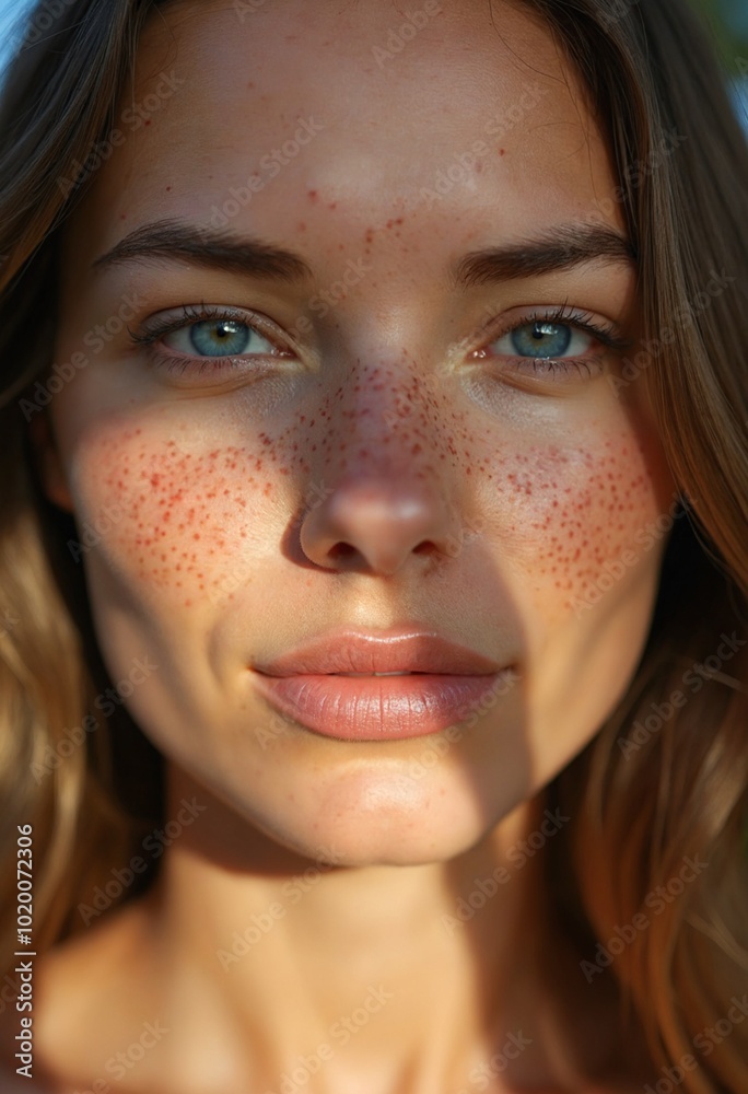 Close-up portrait of woman with bright blue eyes and freckles, natural sunlight casting shadows on face, beauty and nature photography Close-up portrait of woman with bright blue eyes and freckles, natural sunlight casting shadows on face, beauty and nature photography
