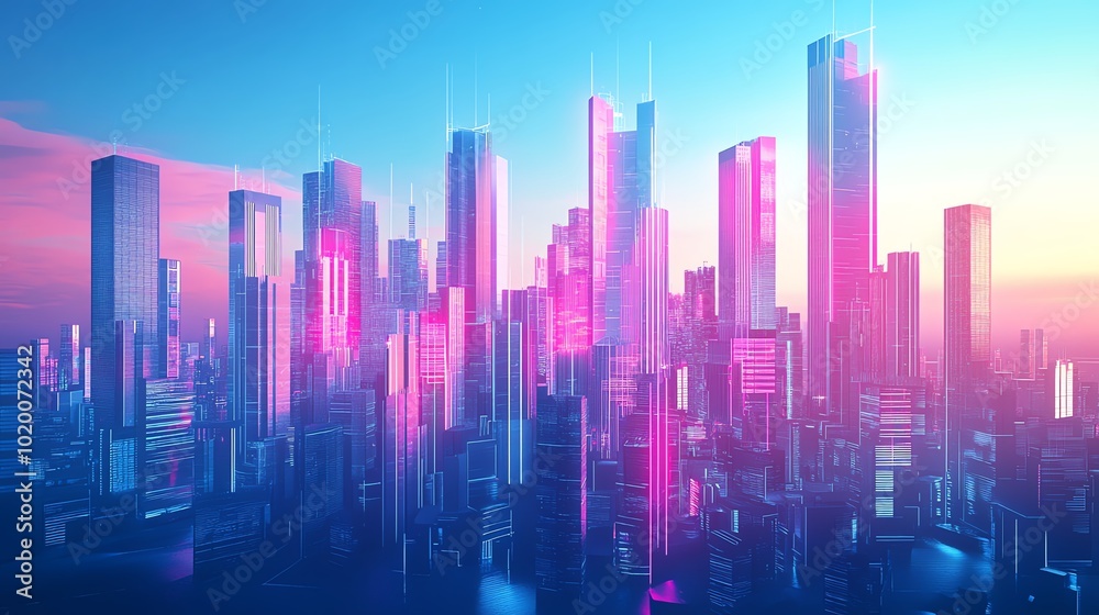A futuristic cityscape combining 2D and 3D elements, with holographic buildings rising from a flat, minimalistic base